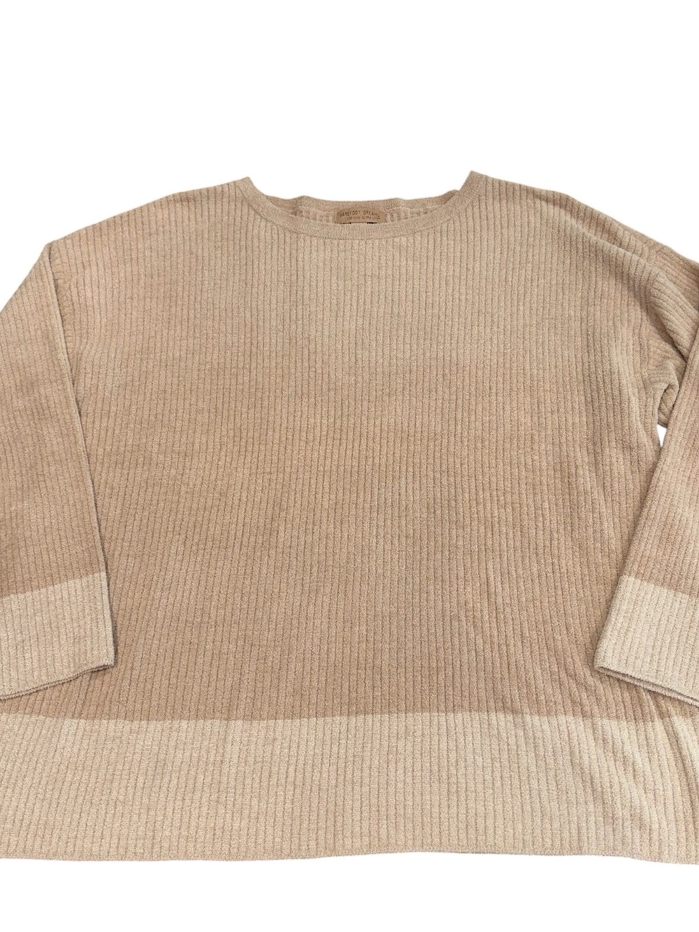 Barefoot Dreams 1X cozychic ultra lite ribbed heather blocked brown sweater boat